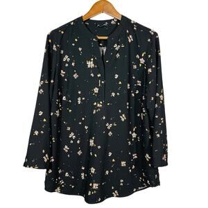 Hilary Radley Mod Floral Print 3/4 Sleeve Top Blouse Tunic Casual Black - L